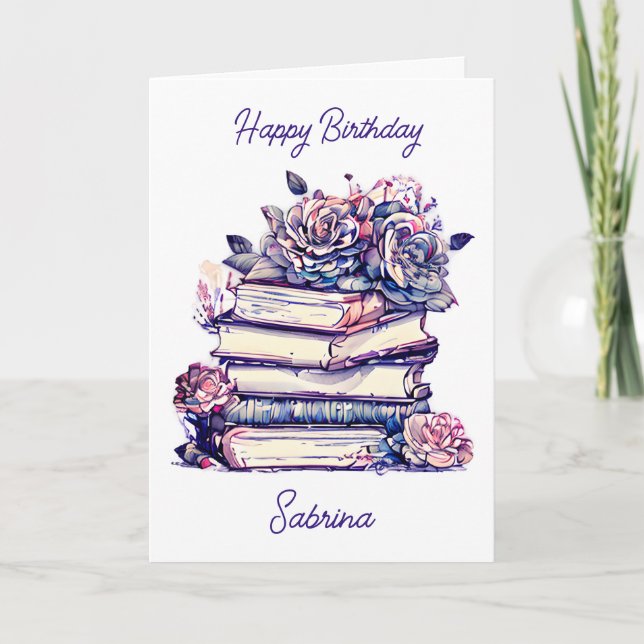 Personalised Happy Birthday Vintage Books and Rose Card (Front)