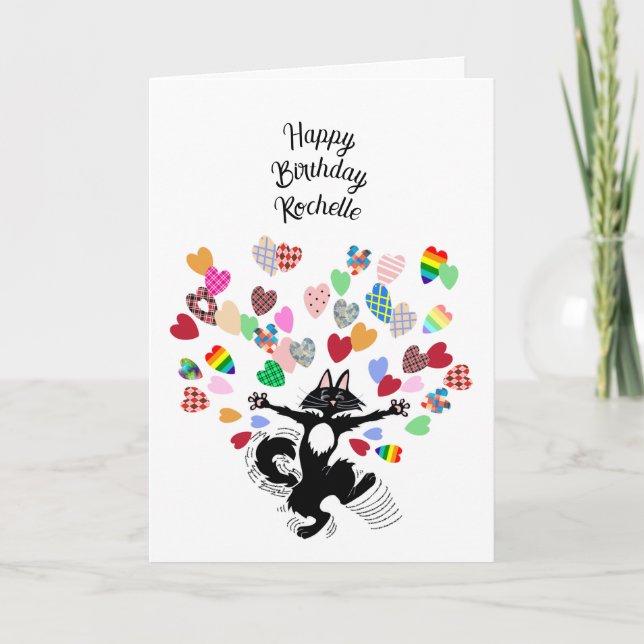 personalised happy birthday with cat and hearts card (Front)