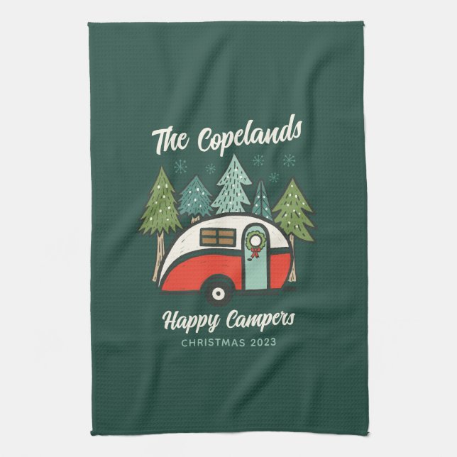 Personalised Happy Campers Christmas Tea Towel (Vertical)