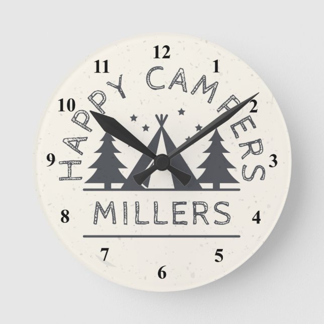 Personalised Happy Campers | Rustic Tent Camping Round Clock (Front)