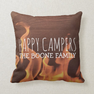 Personalised Happy Campers   Rustic Wood Campfire Cushion