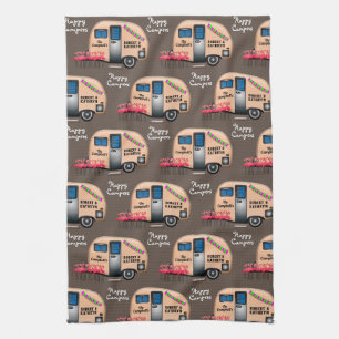 Personalised Happy Campers w/Flamingos Kitchen Tea Towel