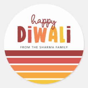 Personalised Happy Diwali Retro Stripes Classic Round Sticker
