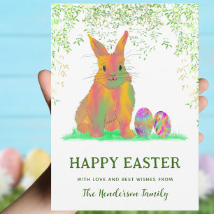 Personalised Happy Easter Bunny Eggs Watercolor Holiday Card