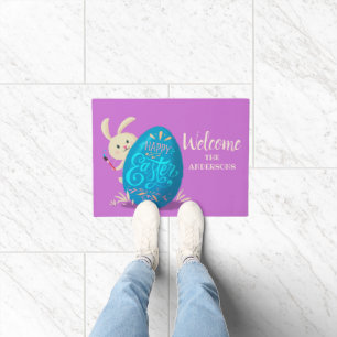 Personalised Happy Easter Bunny Painting an Egg Doormat