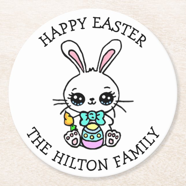 Personalised Happy Easter Bunny Seasonal Round Paper Coaster (Front)