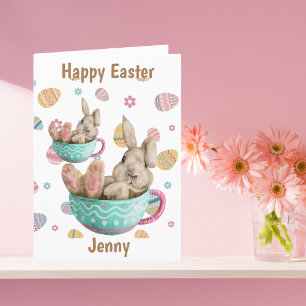 Personalised Happy Easter Bunny Sitting In Teacups Holiday Card
