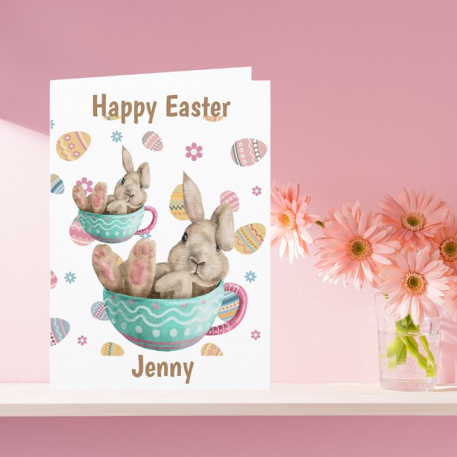 Personalised Happy Easter Bunny Sitting In Teacups Holiday Card (Creator Uploaded)