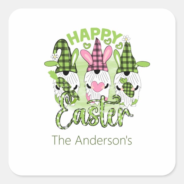 Personalised Happy Easter Gnomes Pink Green  Square Sticker (Front)