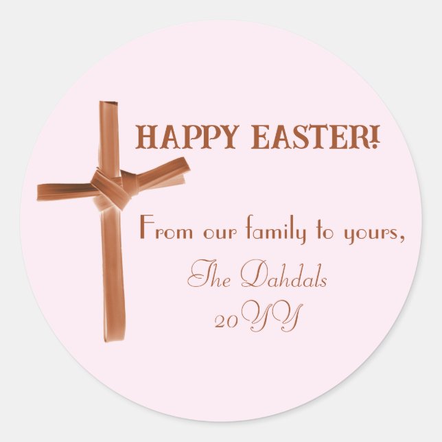 Personalised Happy Easter Palm Cross Brown Pink Classic Round Sticker (Front)