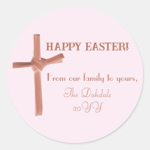Personalised Happy Easter Palm Cross Family Pink Classic Round Sticker