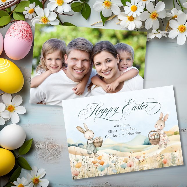 Personalised Happy Easter Watercolor Bunny Photo Holiday Card (Personalized Happy Easter Watercolor Bunny Photo Holiday Card)