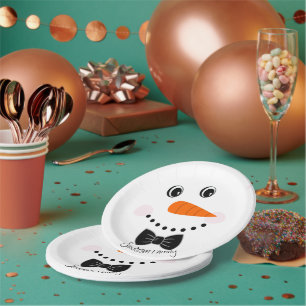 Personalised Happy Face Snowman Black Bowtie  Paper Plate