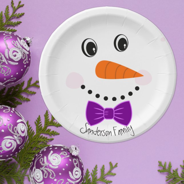 Personalised Happy Face Snowman Purple Bowtie  Paper Plate (Creator Uploaded)