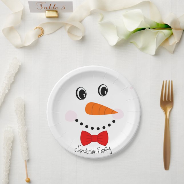 Personalised Happy Face Snowman Red Bowtie Paper Plate (Wedding)