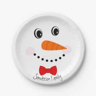 Personalised Happy Face Snowman Red Bowtie Paper Plate