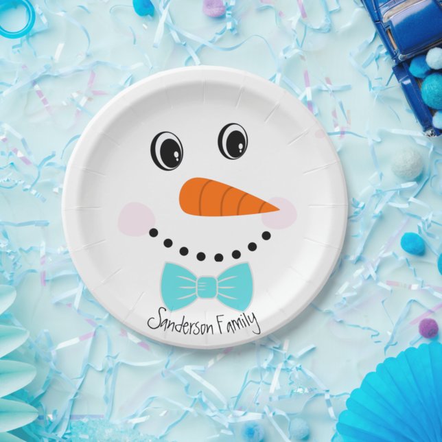 Personalised Happy Face Snowman Teal Blue Bowtie Paper Plate (Creator Uploaded)