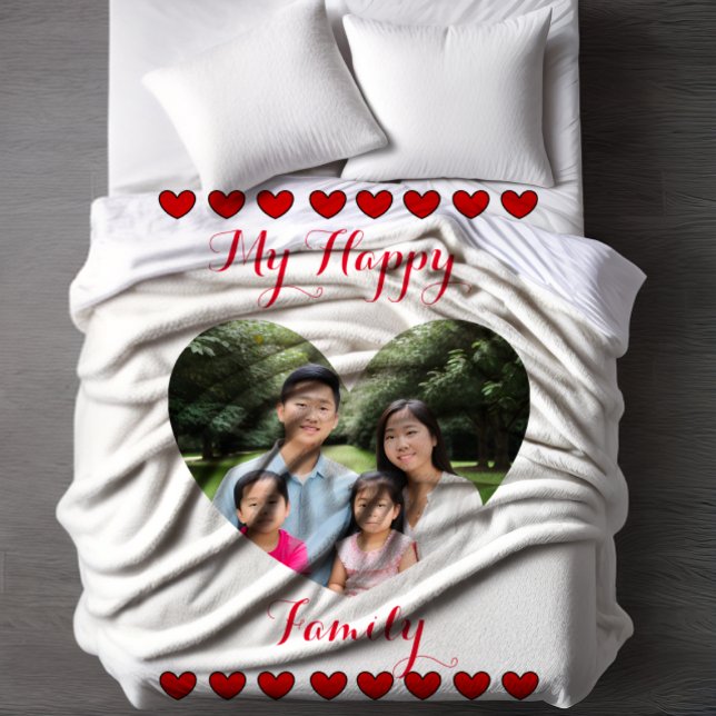 Personalised Happy Family Heart Frame Photo Fleece Blanket (Creator Uploaded)