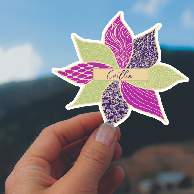  Personalised Happy Flower Name Sticker (Personalized Happy Flower Custom Cut Sticker in Purple and Green)
