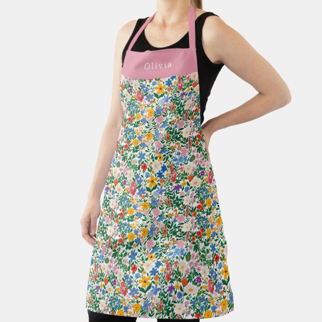 Personalised Happy Flowers Floral Pattern Apron. Apron (Insitu)