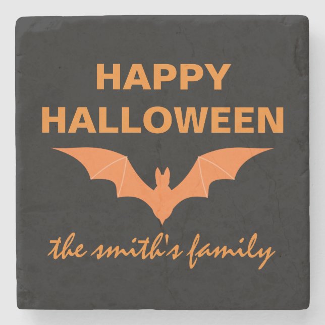 Personalised Happy Halloween Bat Stone Coaster (Front)