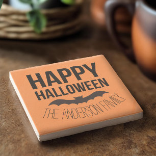 Personalised Happy Halloween Cartoon Bat Stone Coaster
