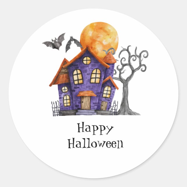 Personalised Happy Halloween Haunted House Classic Round Sticker (Front)