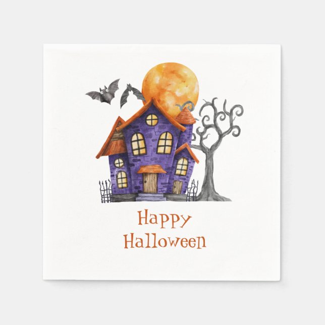 Personalised Happy Halloween Haunted House  Napkin (Front)