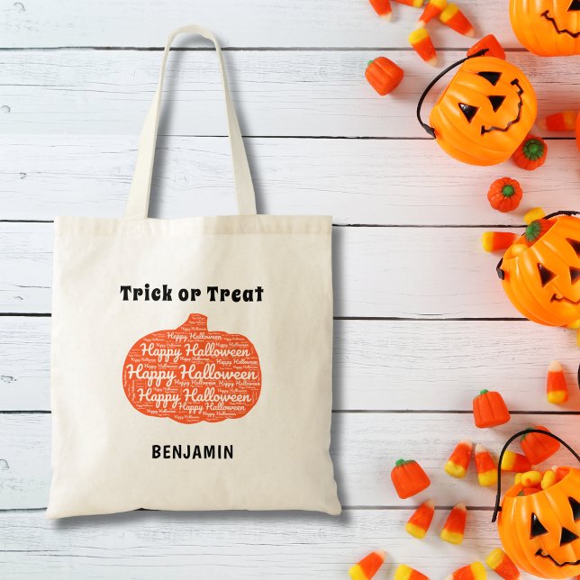 Personalised Happy Halloween Pumpkin Word Art Tote Bag (Personalize with Name, edit / remove other text as required)