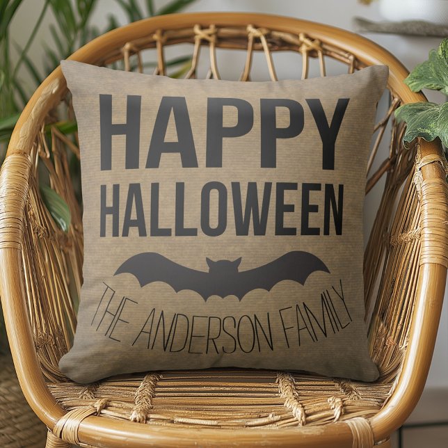 Personalised Happy Halloween Rustic Bat Cushion (Creator Uploaded)