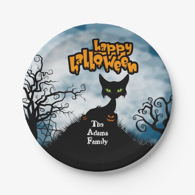 Personalised Happy Halloween Spooky Cat Paper Plate (Front)