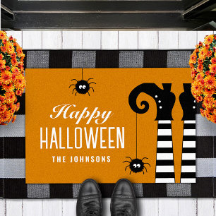 Personalised Happy Halloween Witch Feet Orange Doormat