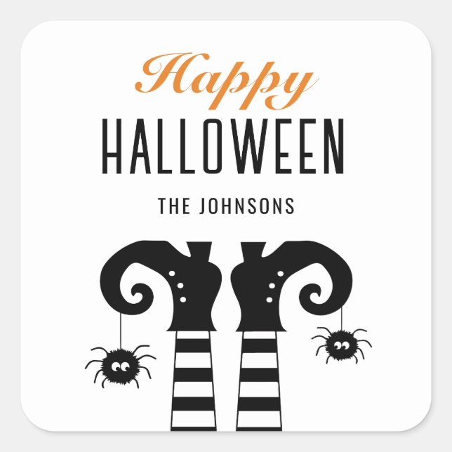 Personalised Happy Halloween Witch Feet White Square Sticker (Front)