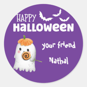 Personalised Happy Halloween with Cute Ghost Purpl Classic Round Sticker