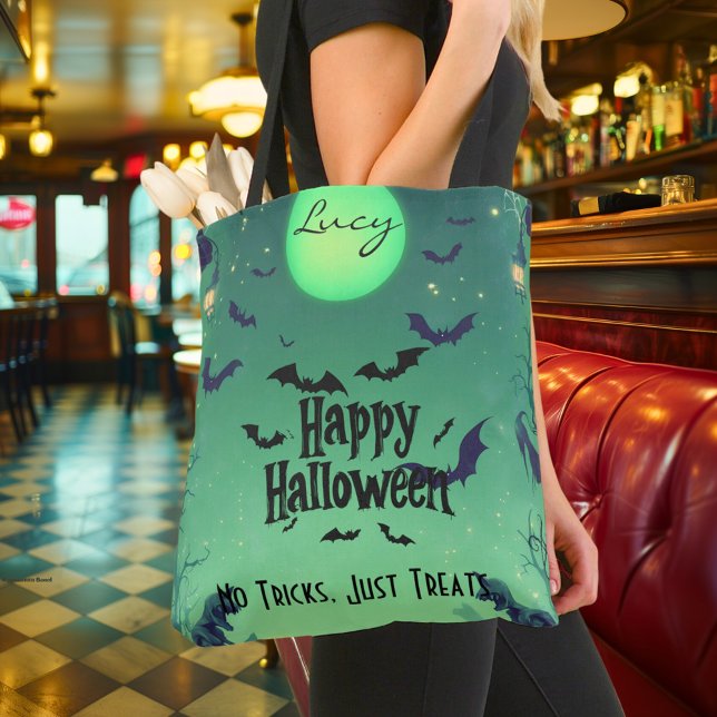 Personalised Happy Halloween with Green Moon, Bats Tote Bag (Creator Uploaded)