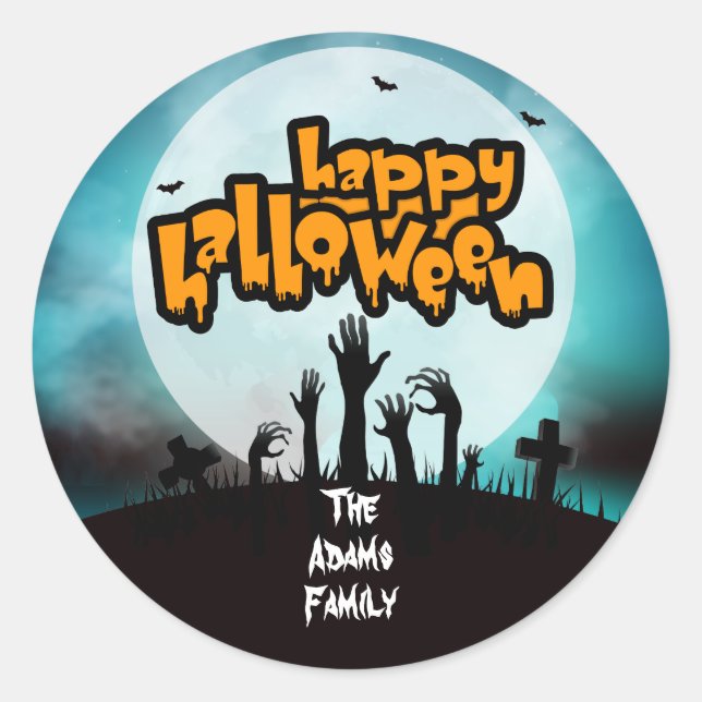 Personalised Happy Halloween Zombie Graveyard Classic Round Sticker (Front)