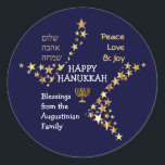 Personalised HAPPY HANUKKAH Classic Round Sticker<br><div class="desc">Stylish blue and gold personalised HANUKKAH stickers to wish your family and friends a Happy Hanukkah. The design shows text that says HAPPY HANUKKAH in white typography at the centre, with PEACE, LOVE & JOY in gold coloured typography in one corner, and also written in HEBREW in the other corner....</div>