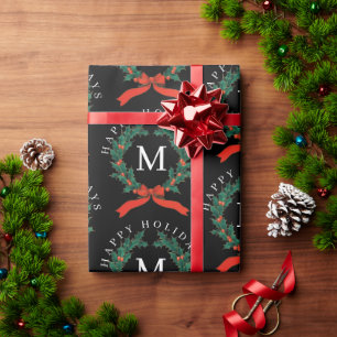 Personalised Happy Holidays Black Monogram Wreath  Wrapping Paper