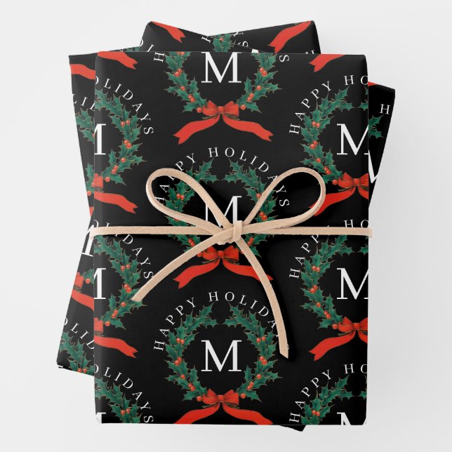 Personalised Happy Holidays Black Monogram Wreath  Wrapping Paper Sheet (In situ)
