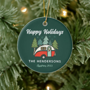 Personalised Happy Holidays Camper Ceramic Ornament