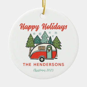 Personalised Happy Holidays Camper Red & White Ceramic Ornament