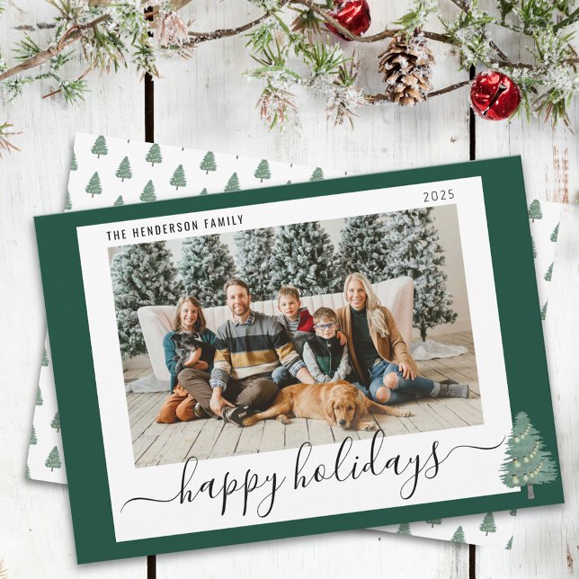 Personalised Happy Holidays Christmas Family Photo Holiday Card (Whimsical woodland Happy Holidays watercolor christmas tree and lights family Photo holiday card)