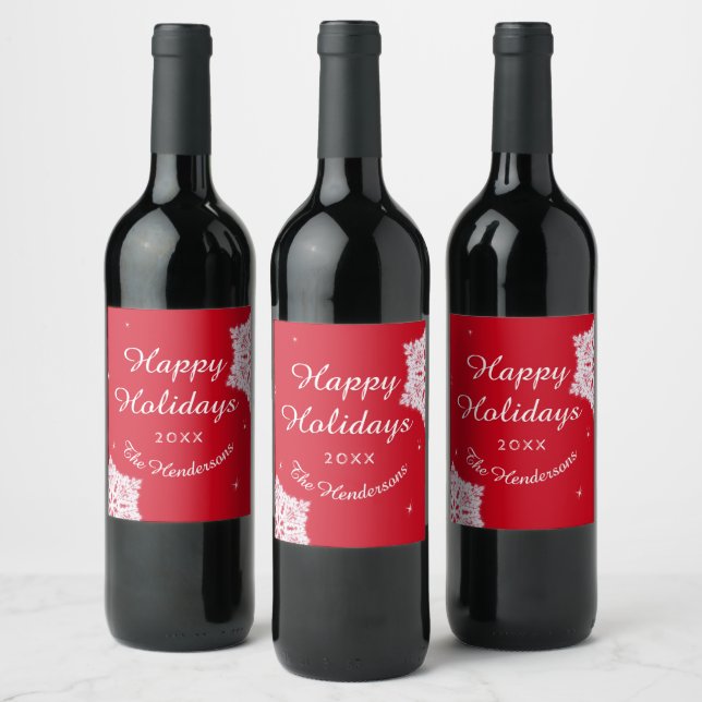 Personalised Happy Holidays Christmas Red White Wine Label (Bottles)
