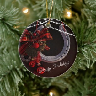 Personalised Happy Holidays Horseshoe Christmas Ceramic Ornament