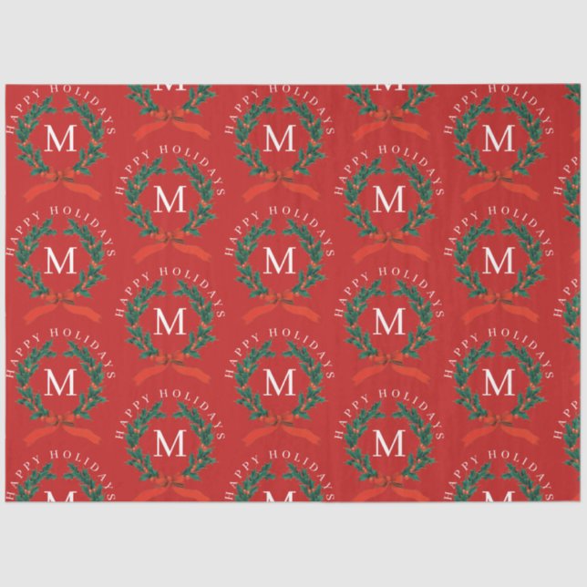 Personalised Happy Holidays Red Monogram Wreath  Tissue Paper (Front)
