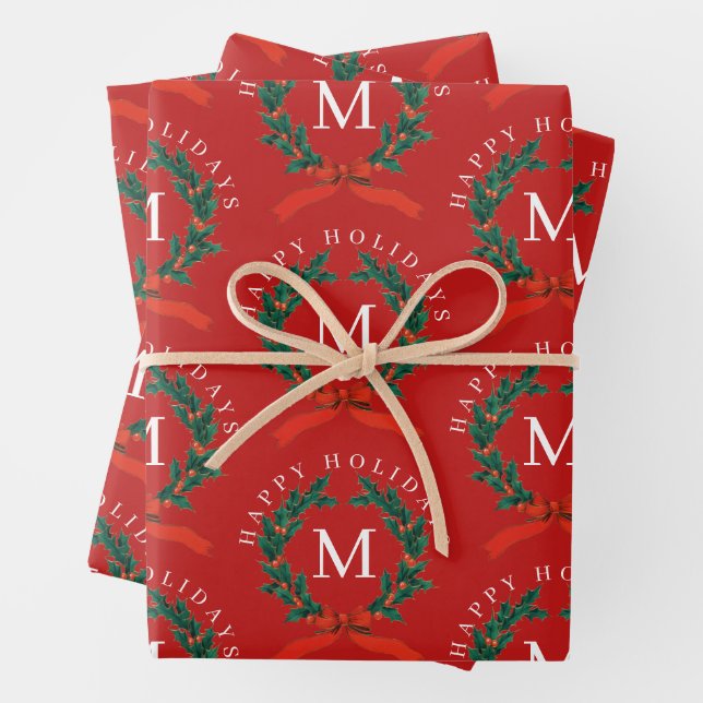 Personalised Happy Holidays Red Monogram Wreath Wrapping Paper Sheet (In situ)
