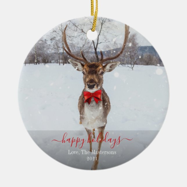 Personalised Happy Holidays Reindeer Year Ceramic Ornament (Front)