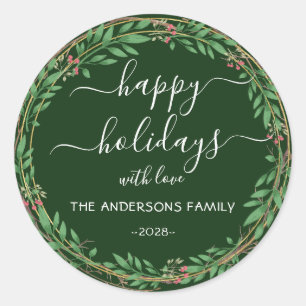 Personalised Happy Holidays watercolor wreath Classic Round Sticker