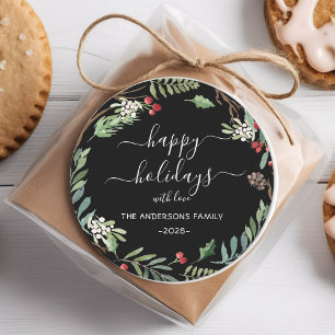 Personalised Happy Holidays watercolor wreath  Classic Round Sticker