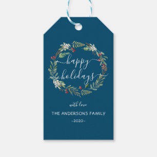 Personalised Happy Holidays watercolor wreath Gift Tags